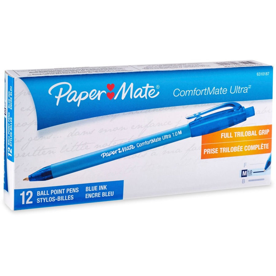 Paper Mate Comfort Mate Retractable Pens - Retractable - Blue Ink - Rubber Barrel - 12 / Dozen