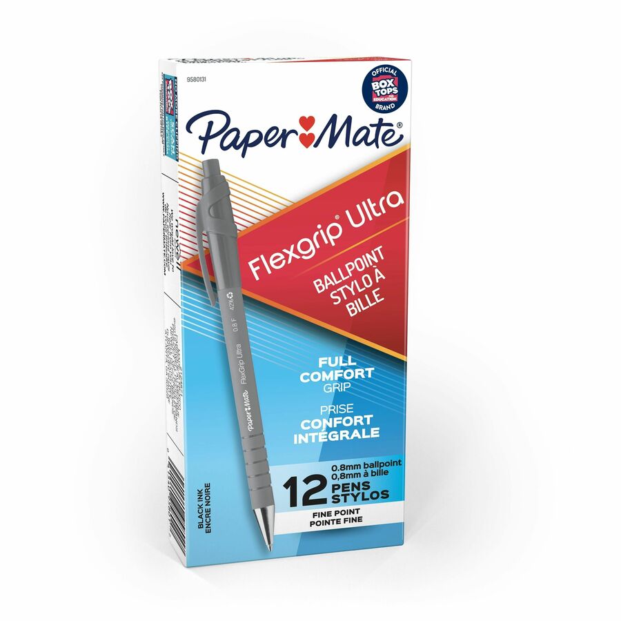 Paper Mate Flexgrip Ultra Retractable Pens - Refillable - Retractable - Black Ink - Alcohol Based - Rubber Barrel - 12 / Dozen