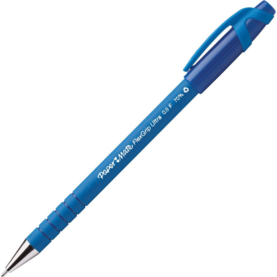 Paper Mate Flexgrip Ultra Recycled Pens - Blue Ink - Blue Rubber Barrel - 12 / Dozen