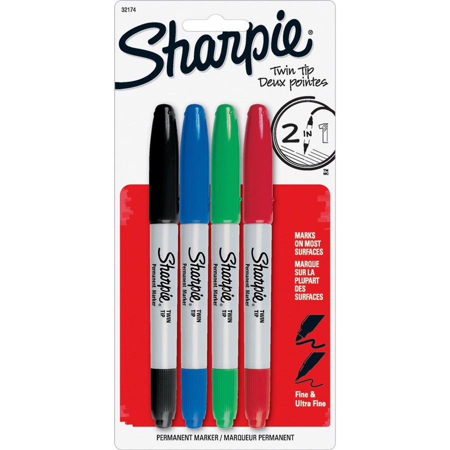 Sharpie Twin-Tip Markers - Black, Red, Blue, Green Ink - Alcohol Based - 4 / Set