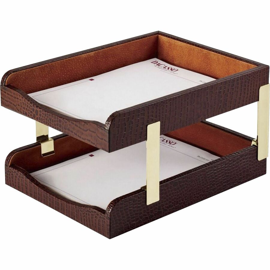 Dacasso Double Front Load Trays - 2" Height x 10.50" Width x 13.75" Length - Desktop - Brown - Leather - 1 Each