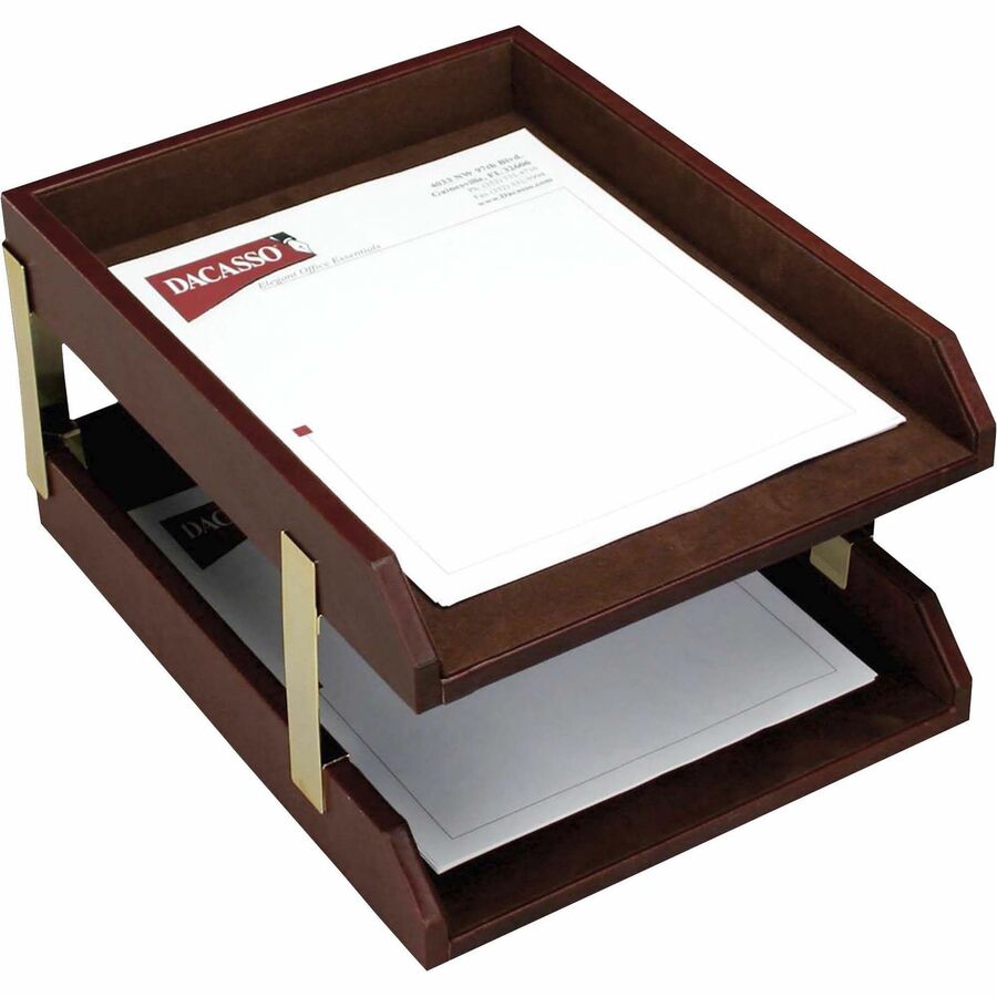 Dacasso Double Front Load Letter / Legal Trays - 2" Height x 10.50" Width x 13.75" Length - Desktop - Mocha - Leather - 1 Each