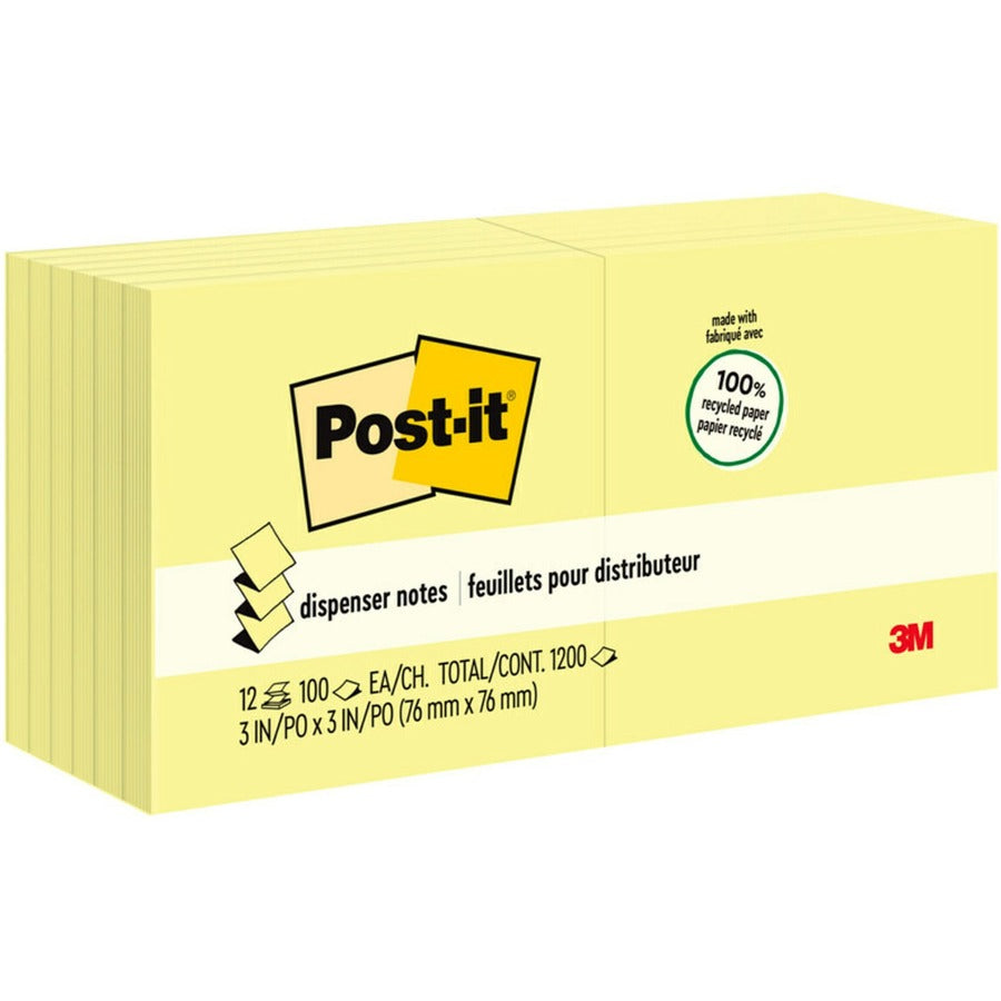 Post-it&reg, Greener Dispenser Notes - 1200 - 3" Flag/Note Width x 3" Flag/Note Length - Square - 100 Sheets per Pad - Unruled - Yellow - Paper - Self-adhesive, Repositionable, Non-smearing - Recycled - 12 / Pack