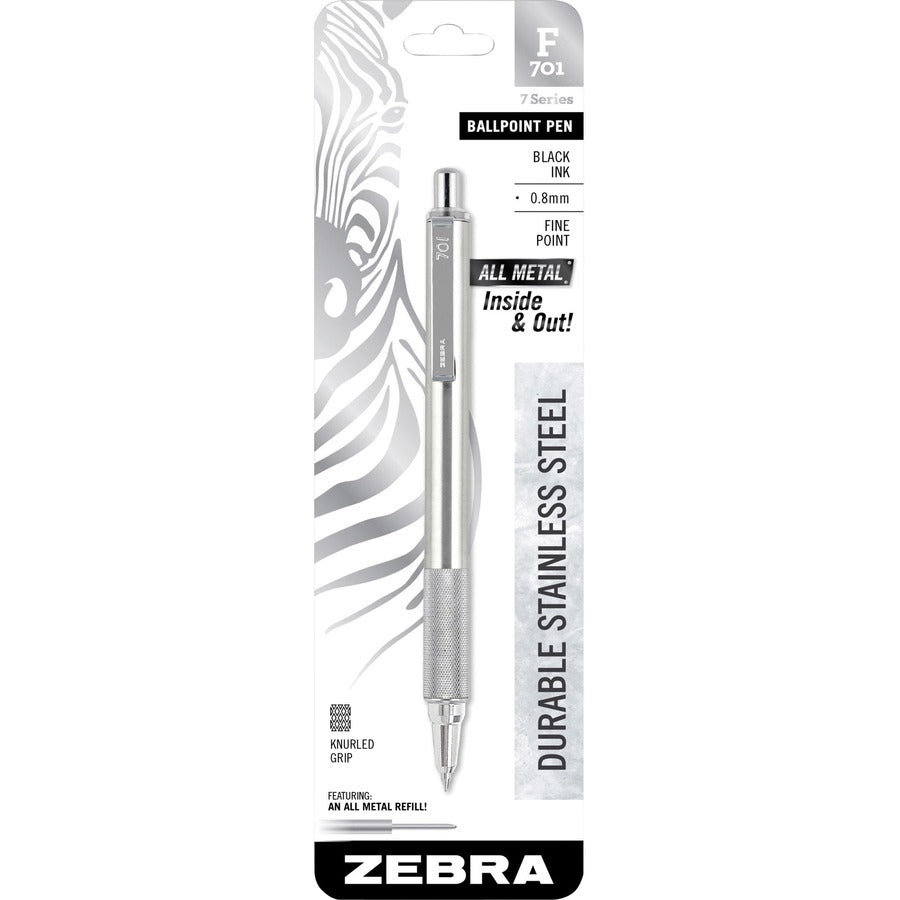 Zebra 7 Series F-701 Retractable Ballpoint Pen - Refillable - Retractable - Black Ink - Stainless Steel Barrel - 1 Each