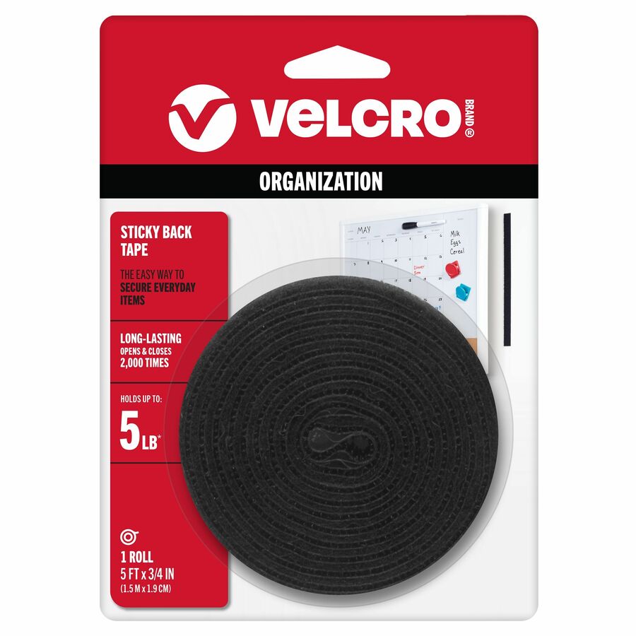 VELCRO® Sticky Back 5ft x 3/4in Roll Black - 5 ft Length x 0.75" Width - Black - Dispenser Included - For Multipurpose, Indoor - 1 Each
