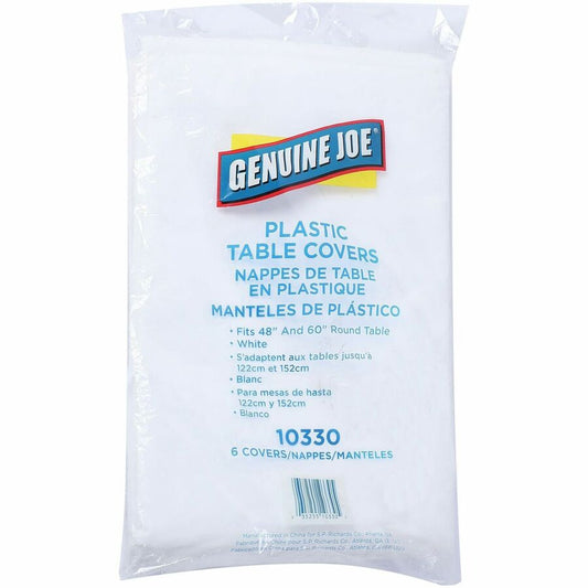 Genuine Joe Plastic Round Tablecovers - 84" Diameter - Plastic - White - 6 / Pack