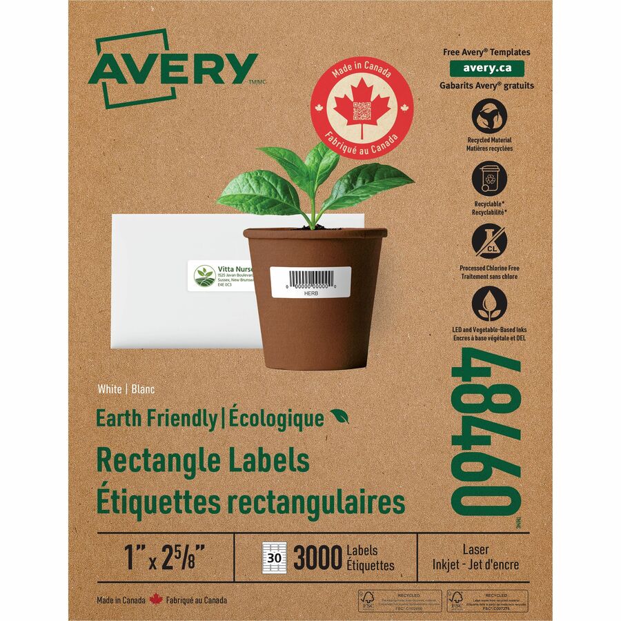 Avery Earth-Friendly White Rectangle Labels - 1" Height x 2 5/8" Width - Permanent Adhesive - Rectangle - Laser, Inkjet - Matte White - Paper - 30 / Sheet - 1 Box