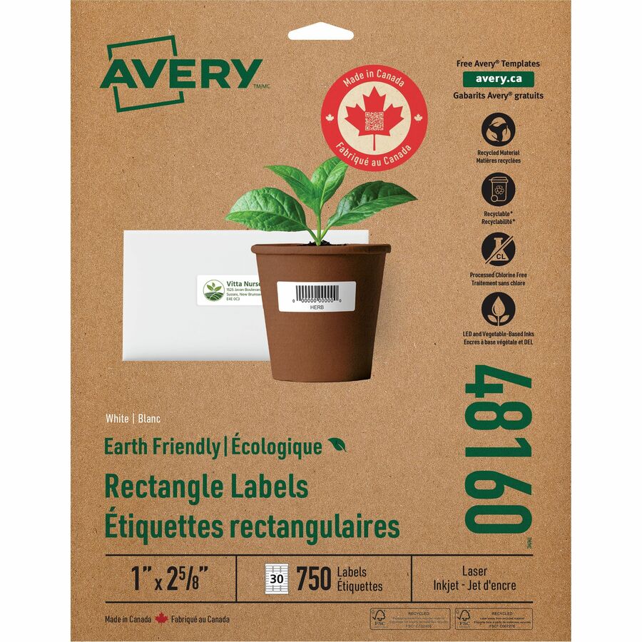 Avery Earth-Friendly White Rectangle Labels - 1" Height x 2 5/8" Width - Permanent Adhesive - Rectangle - Laser, Inkjet - Matte White - Paper - 30 / Sheet - 1 Box