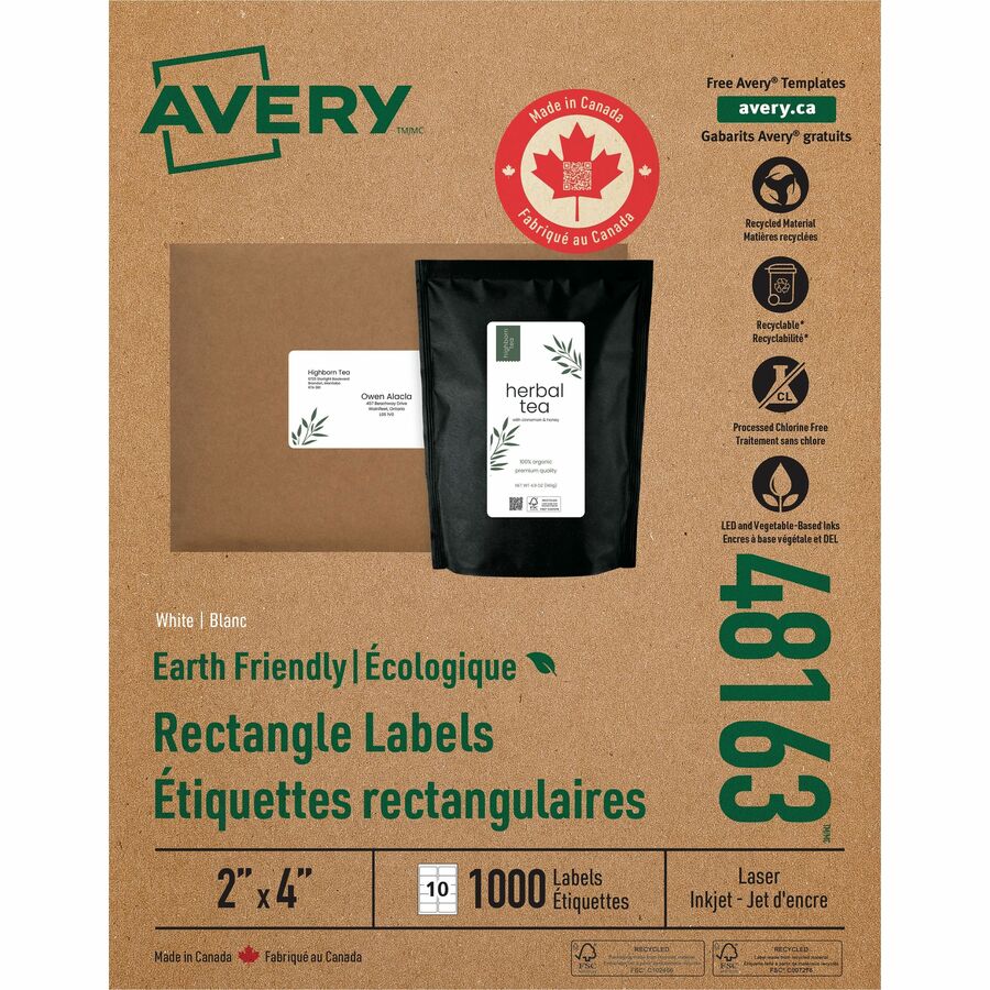 Avery Earth-Friendly White Rectangle Labels - 2" Height x 4" Width - Permanent Adhesive - Rectangle - Laser, Inkjet - Matte White - Paper - 10 / Sheet - 1000 / Box