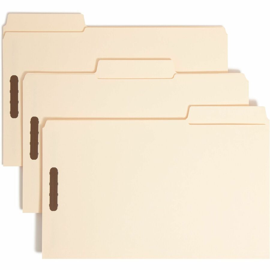 Smead SuperTab 1/3 Tab Cut Legal Recycled Fastener Folder - 8 1/2" x 14" - 3/4" Expansion - 2 x 2K Fastener - Top Tab Location - Assorted Tab Position - 11 pt. - 2 Plys - Manila - Reinforced Tab - 10% Recycled - 50 / Box