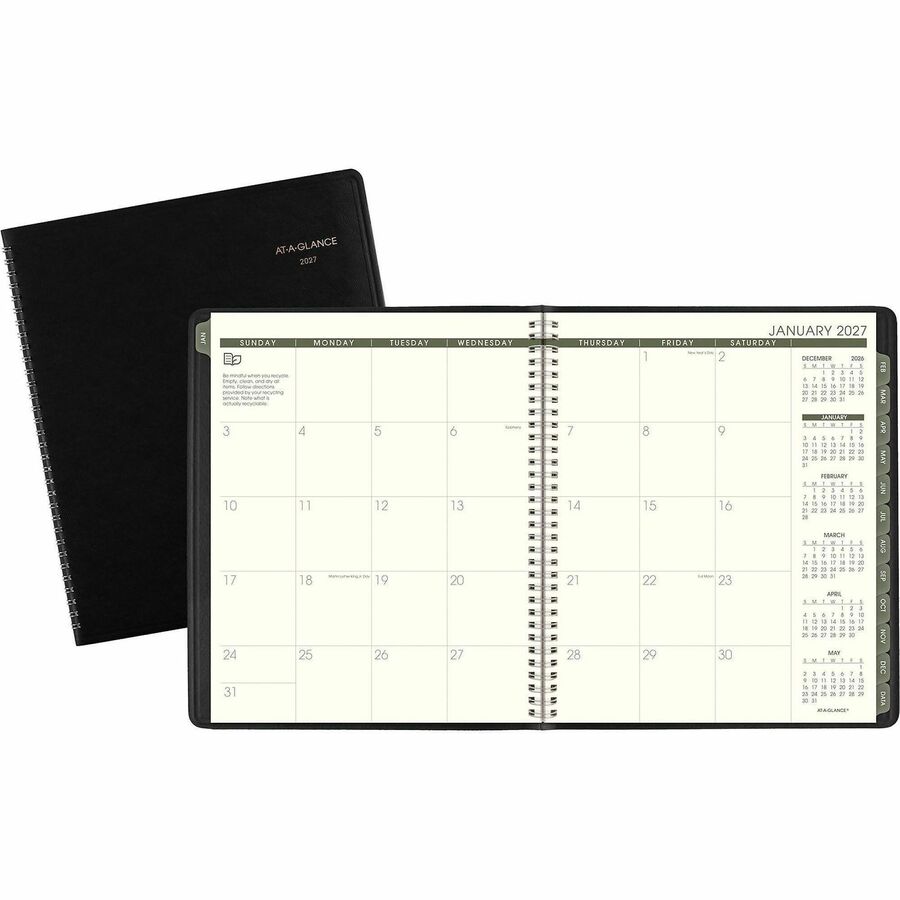 At-A-Glance Recycled Planner - Large - Julian Dates - Monthly - 13 Month - January 2027 to January 2028 - 1 Month Double Page Layout - 9" x 11" Sheet Size - Sand Sheet - Wire Bound - Black - Simulated Leather, Faux Leather - 1 Each