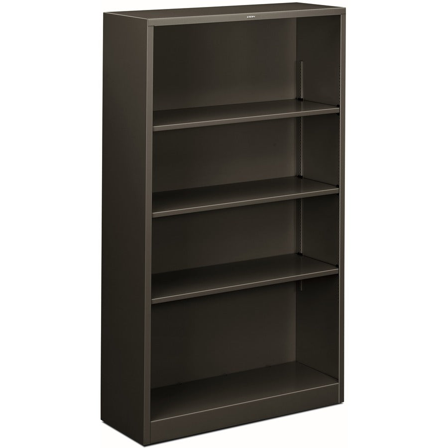 HON Brigade Steel Bookcase - 4 Shelf(ves) - 59" Height x 34.50" Width x 12.62" Depth - Adjustable Shelf, Reinforced, Welded, Durable, Compact - 30% Recycled - Charcoal - Steel - 1 Each