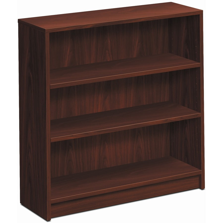 HON 1870 Series Bookcase - 3 Shelf(ves) - 36" Height x 36" Width x 11.50" Depth - Abrasion Resistant, Leveling Glide, Sturdy, Scratch Resistant, Spill Resistant, Stain Resistant - 42% Recycled - Laminate - Mahogany - Particleboard, Hardboard, Wood - 1...