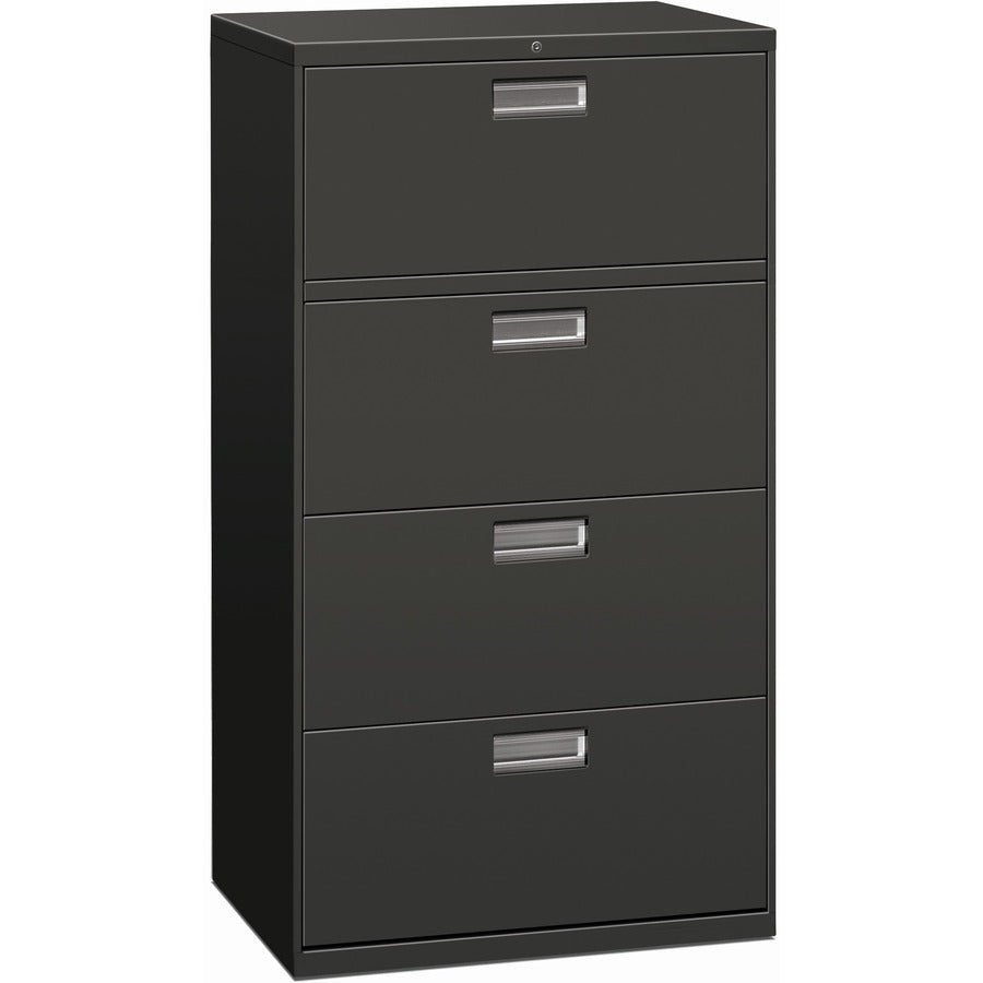 HON Brigade 600 H674 Lateral File - 53.3" Height x 30" Width x 18" Depth - Total Drawer(s): 4 - Finish: Charcoal - Lockable, Glide, Removable Lock, Heavy Duty, Interlocking - For File Storage, Workstation, Office, Desk - 1 Each