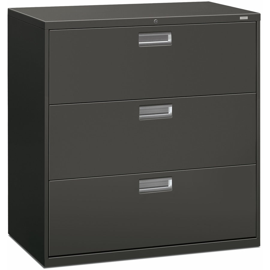 HON Brigade 600 H693 Lateral File - 40.9" Height x 42" Width x 18" Depth - Total Drawer(s): 3 - Finish: Charcoal - Lockable, Glide, Removable Lock, Heavy Duty, Interlocking - For File Storage, Workstation, Office, Desk - 1 Each