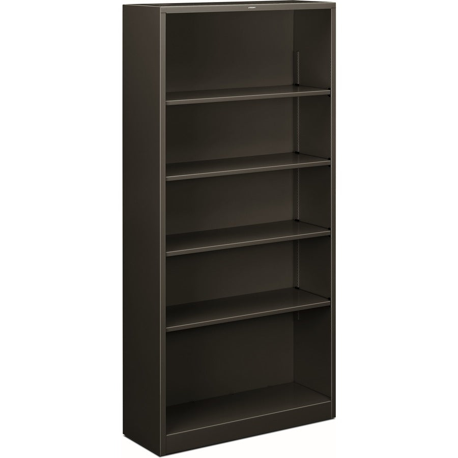 HON Brigade Steel Bookcase - 5 Shelf(ves) - 71" Height x 34.50" Width x 12.62" Depth - Adjustable Shelf, Reinforced, Welded, Durable, Compact - 30% Recycled - Charcoal - Steel - 1 Each