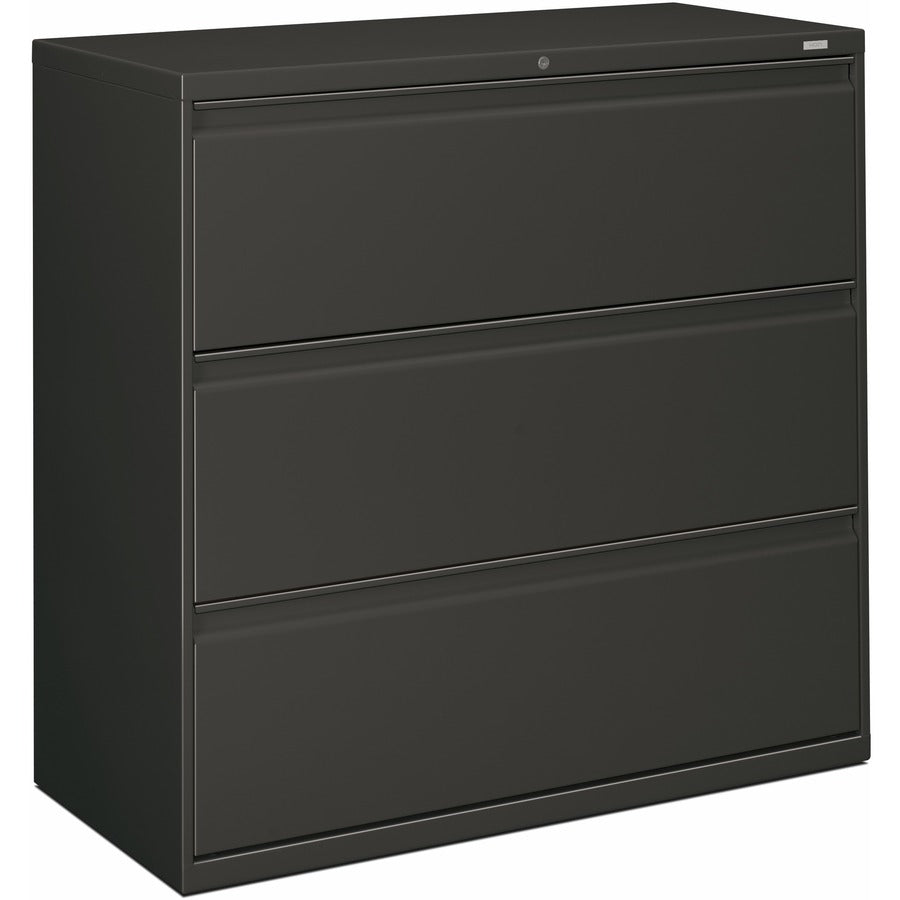HON Brigade 800 H893 Lateral File - 40.9" Height x 42" Width x 18" Depth - Total Drawer(s): 3 - Finish: Charcoal - Radius Pull, Lockable, Glide, Removable Lock, Heavy Duty - For File Storage, Workstation, Desk, Office - 1 Each