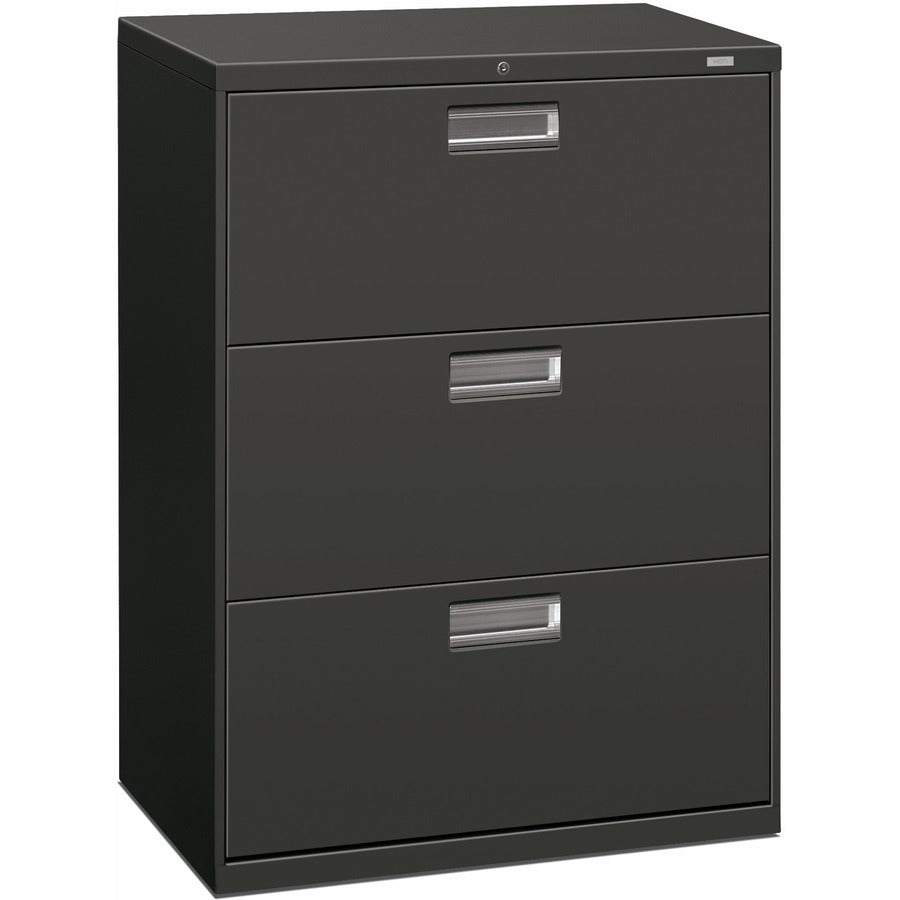 HON Brigade 600 H673 Lateral File - 40.9" Height x 30" Width x 18" Depth - Total Drawer(s): 3 - Finish: Charcoal - Lockable, Glide, Removable Lock, Heavy Duty, Interlocking - For File Storage, Workstation, Office, Desk - 1 Each