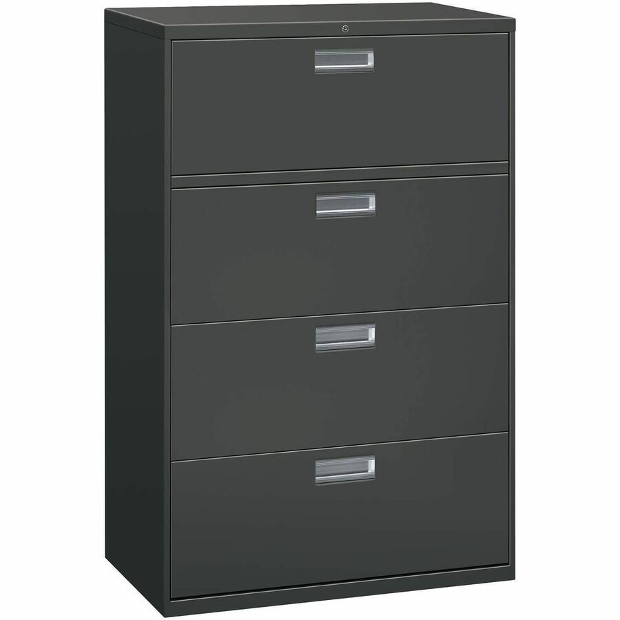 HON Brigade 600 H684 Lateral File - 53.3" Height x 36" Width x 18" Depth - Total Drawer(s): 4 - Finish: Charcoal - Lockable, Glide, Removable Lock, Heavy Duty, Interlocking - For File Storage, Workstation, Office, Desk - 1 Each