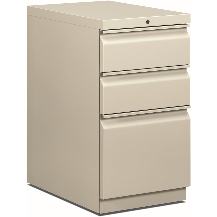 HON Brigade H33723R Pedestal - 28" Height x 15" Width x 22.9" Depth - Total Drawer(s): 3 - Finish: Light Gray - Radius Pull, Lockable, Casters, Durable, Sturdy - For File Storage, Desk, Office, Workstation - 1 Each