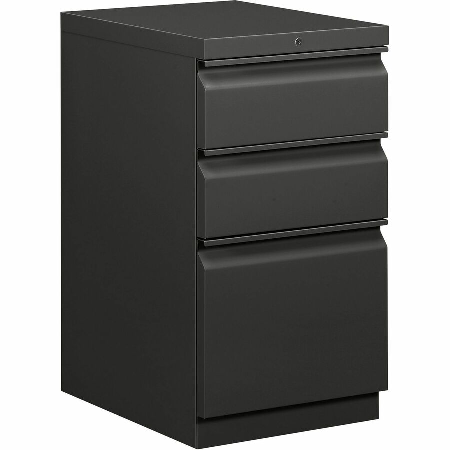 HON Brigade H33720R Pedestal - 28" Height x 15" Width x 19.9" Depth - Total Drawer(s): 3 - Finish: Charcoal - Radius Pull, Lockable, Casters, Durable, Sturdy - For File Storage, Desk, Office, Workstation - 1 Each