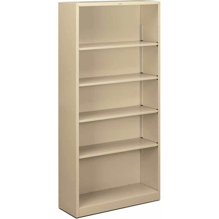 HON Brigade Steel Bookcase - 5 Shelf(ves) - 71" Height x 34.50" Width x 12.62" Depth - Adjustable Shelf, Reinforced, Welded, Durable, Compact - 30% Recycled - Putty - Steel - 1 Each