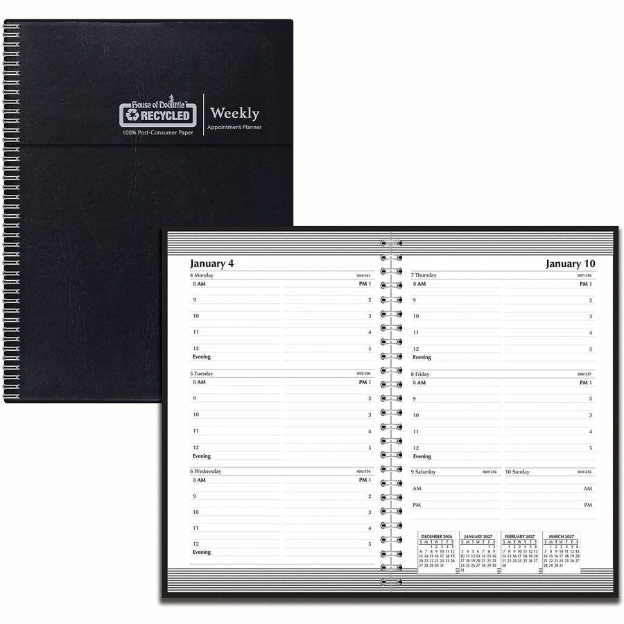 House of Doolittle Horizontal Format Recycled Weekly Planner - Julian Dates - Weekly - 12 Month - January 2027 to December 2027 - 8:00 AM to 5:00 PM - Half-hourly - 1 Week Double Page Layout - 5" x 8" Sheet Size - Wire Bound - Paper, Simulated Leather...