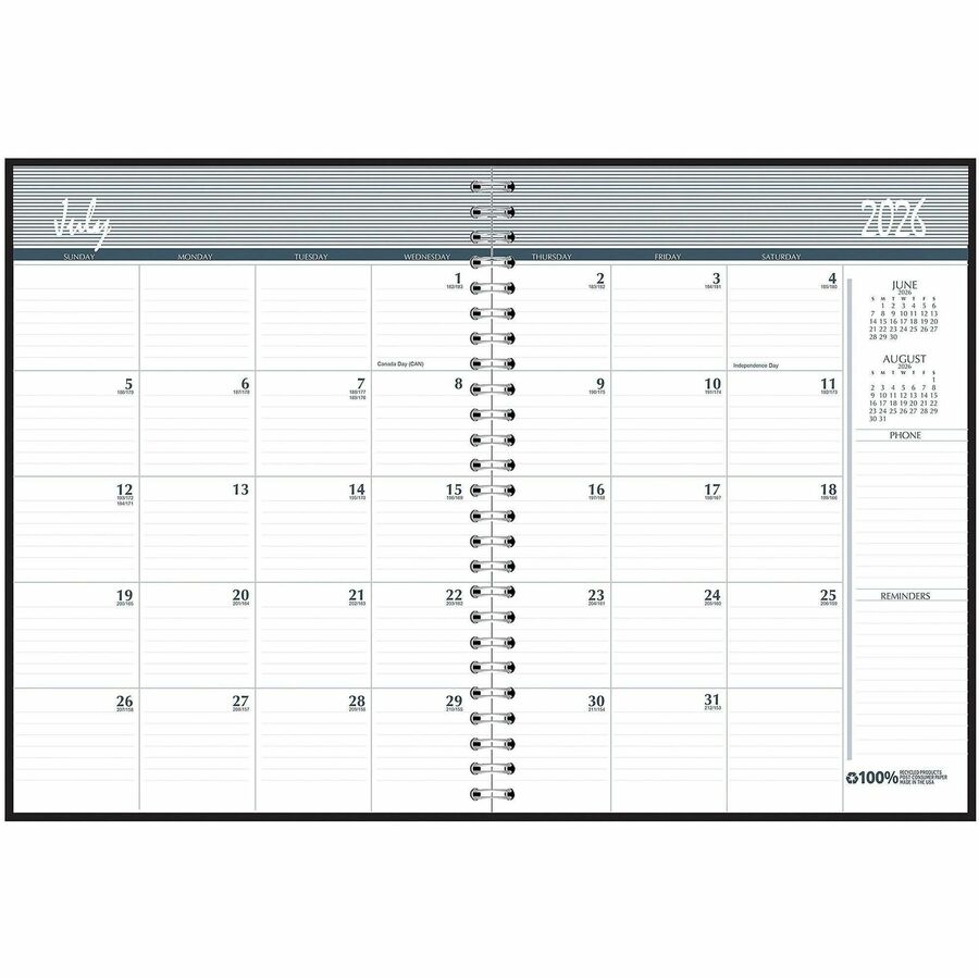 House of Doolittle 14-month Academic Monthly Planner - Academic - Julian Dates - Monthly - 14 Month - July 2026 to August 2027 - 1 Month Double Page Layout - 8 1/2" x 11" Sheet Size - 2.13" x 1.88" Block - Wire Bound - Simulated Leather - Black Cover...
