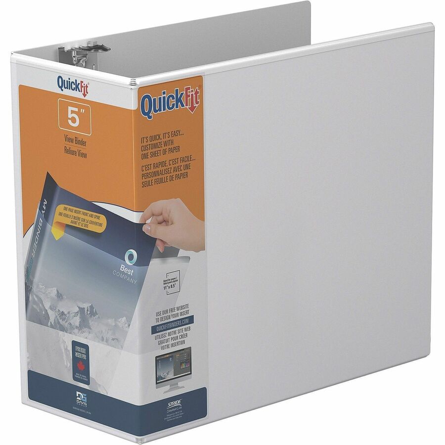 QuickFit View Binder, 3-Ring Binder, Angle D Ring, 5 Inch, White - 5" Binder Capacity - 8 1/2" x 11" Sheet Size - 1000 Sheet Capacity - 3 x 5" Ring - Fastener: D-Ring - Polypropylene - White - Recycled - Locking Ring, Heavy Duty - 1 Each