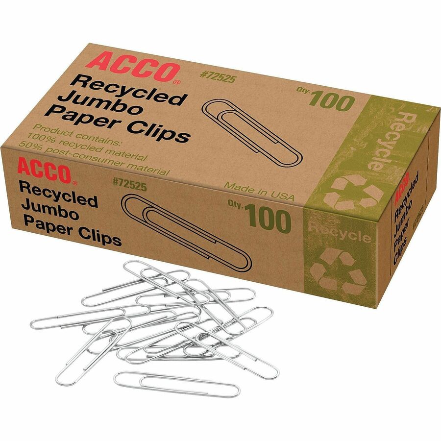 ACCO Recycled Paper Clips - Jumbo - 1.6" Length - 20 Sheet Capacity - Reusable, Durable - Silver - Metal - 100 / Box