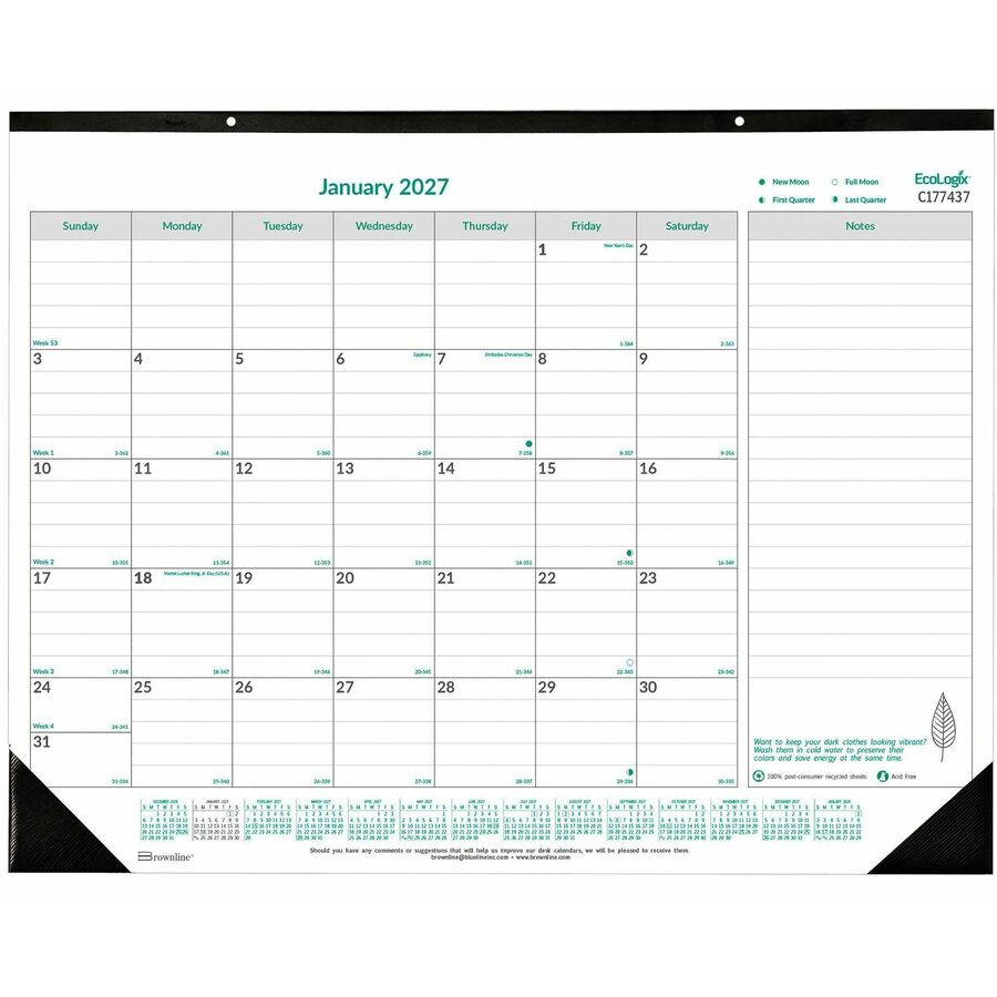 Blueline EcoLogix Monthly Desk Pad Calendar, 22" x 17" , English - Monthly - 12 Month - January 2027 to December 2027 - 1 Each