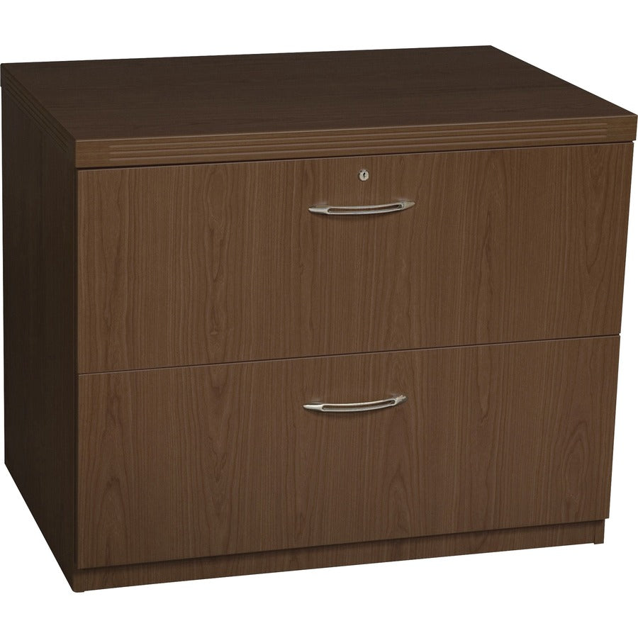 Safco Aberdeen Series Lateral File - 2-Drawer - 29.5" Height x 36" Width x 24" Depth - Total Drawer(s): 2 - Fluted Edge - Material: Particleboard, Veneer - Finish: Laminate, Mocha - Abrasion Resistant, Stain Resistant, Cord Management, Modesty Panel, G...