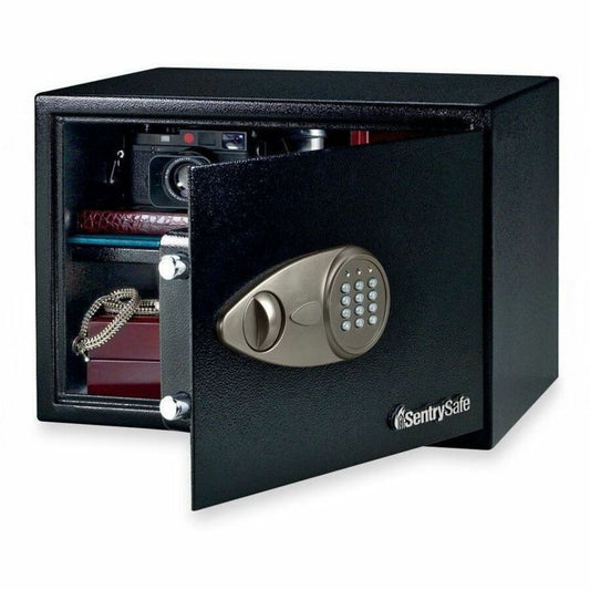 Sentry Safe Security Safe with Electronic Lock - 1.20 ft³ - Electronic, Key Lock - 2 Live-locking Bolt(s) - Internal Size 10.50" Height x 16.75" Width x 12.63" Depth - Overall Size 10.6" Height x 17" Width x 14.8" Depth - Black - Steel