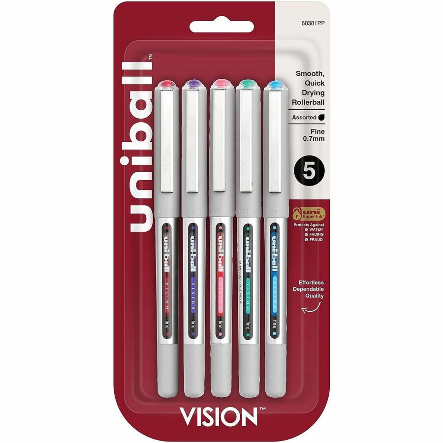 uniball™, Vision Rollerball Pens - Red, Brilliant Blue, Evergreen, Pink, Purple Ink - 5 / Pack