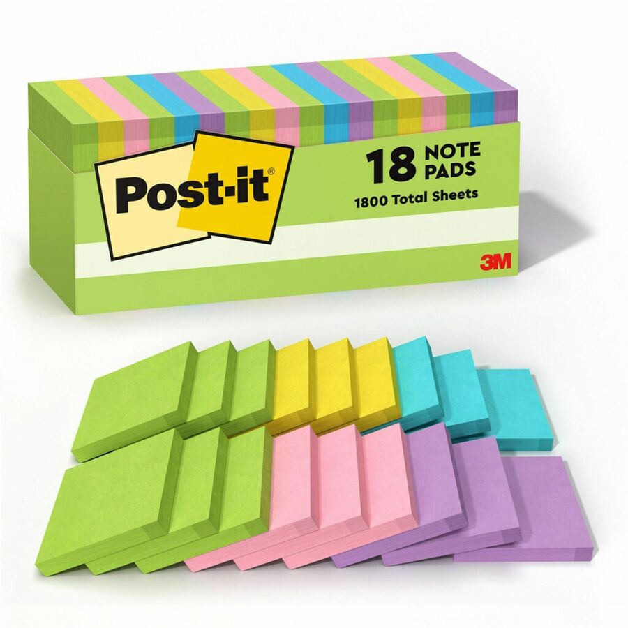 Post-it&reg, Notes Cabinet Pack - Floral Fantasy Color Collection - 1800 x Assorted - 3" Flag/Note Width x 3" Flag/Note Length - Square - 100 Sheets per Pad - Unruled - Limeade, Citron, Positively Pink, Iris Infusion, Blue Paradise - Paper - Reposition...