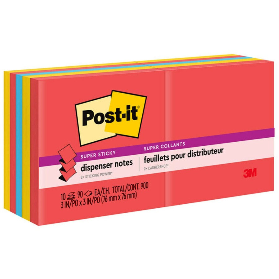 Post-it&reg, Super Sticky Dispenser Notes - Playful Primaries Color Collection - 900 - 3" Flag/Note Width x 3" Flag/Note Length - Square - 90 Sheets per Pad - Unruled - Candy Apple Red, Blue Paradise, Sunnyside - Paper - Self-adhesive, Repositionable...