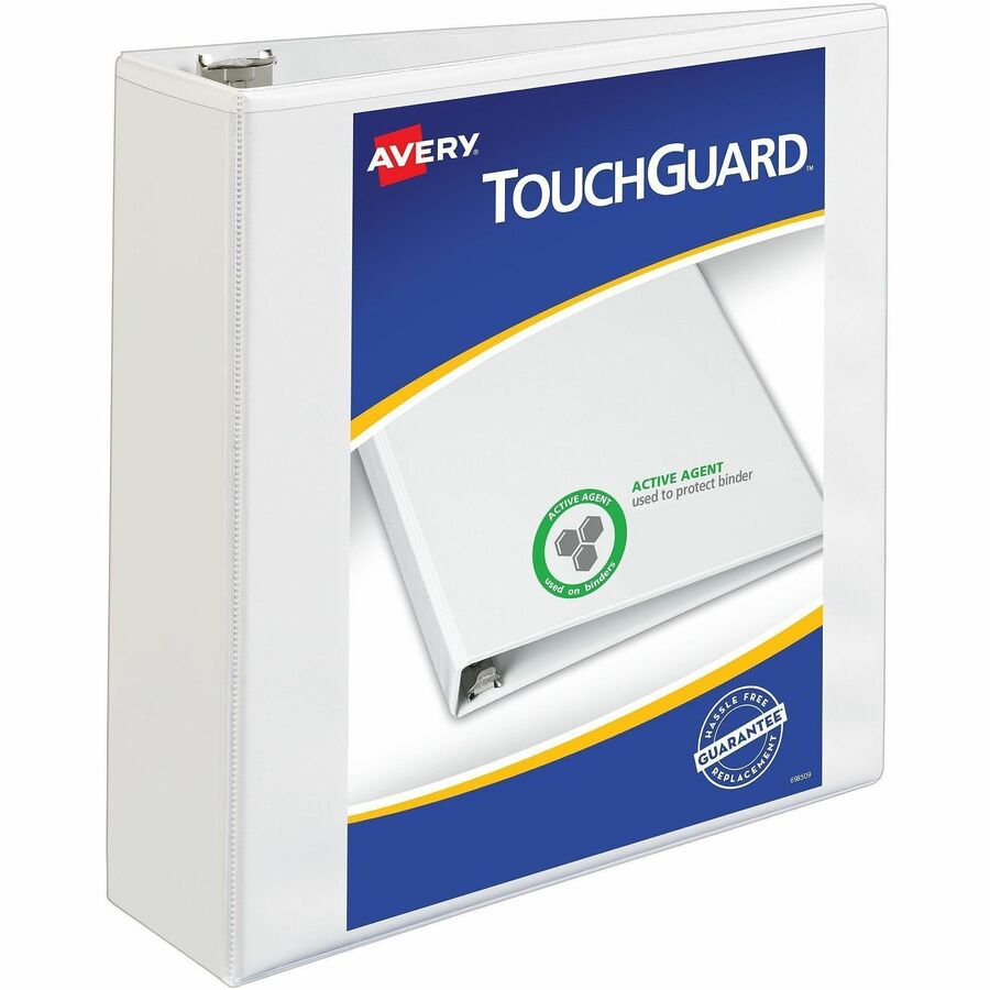 Avery&reg, TouchGuard View 3 Ring Binder - 3" Binder Capacity - Letter - 8 1/2" x 11" Sheet Size - 635 Sheet Capacity - 635 Ring - Fastener: Slant Ring - Pocket: 4, Internal - Polypropylene - White - Recycled - Adhesive, Antimicrobial, Durable, Heavy D...