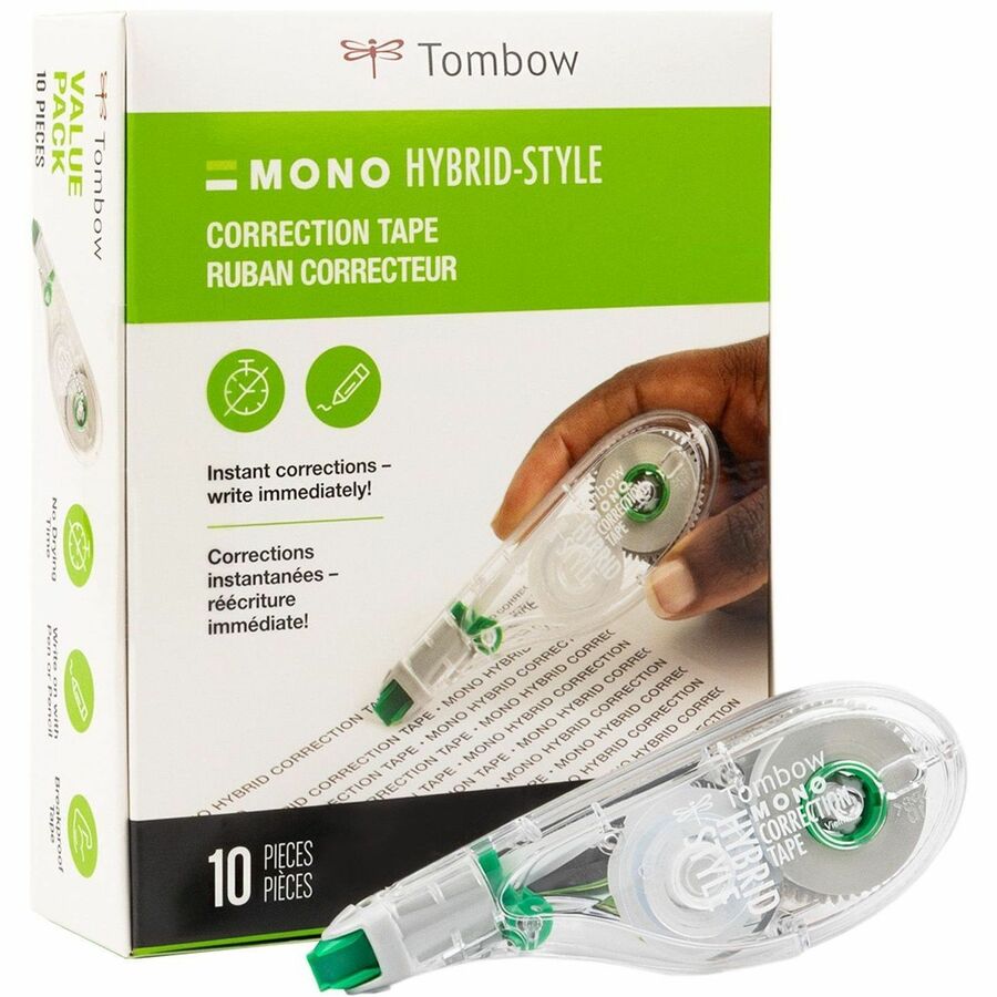 Tombow Mono Hybrid-Style Correction Tape - 0.16" Tape Width x 32.83 ft Tape Length - 1 Line(s) - White Tape - Ergonomic Dispenser - Acid-free, Non-refillable, Retractable, Pivoting Head - White - 10 / Pack