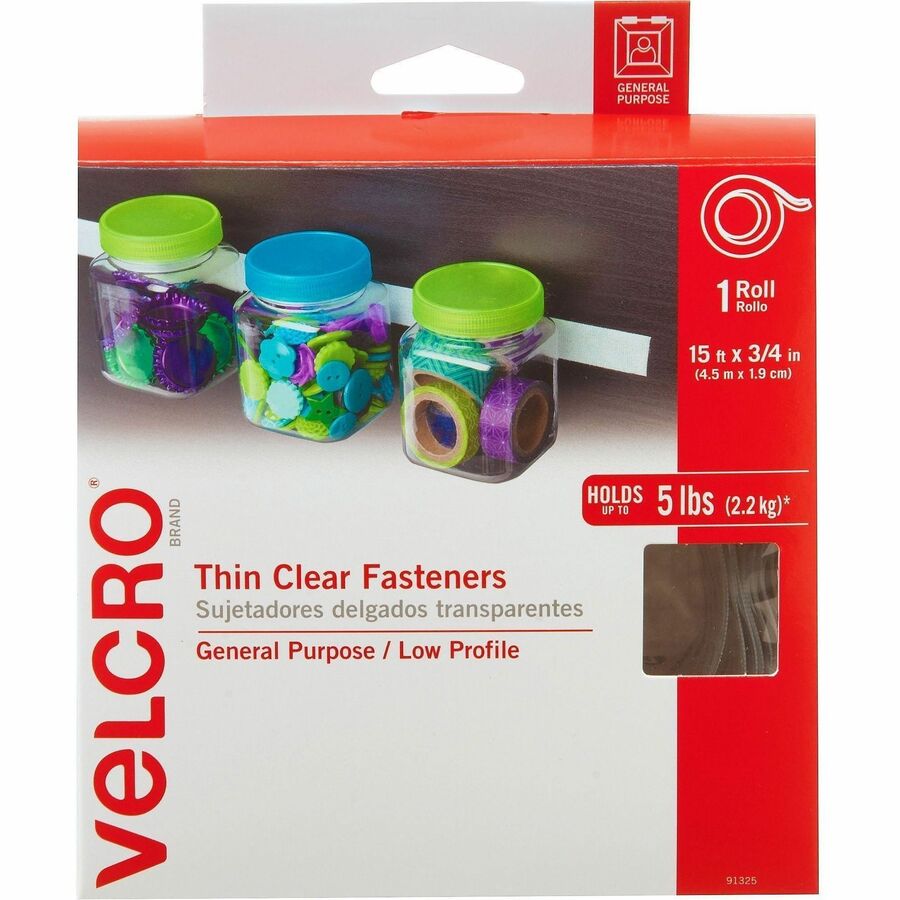 VELCRO&reg, Thin Clear Fasteners 15ft x 3/4in Roll Clear - 5 ft Length x 0.75" Width - Clear - Water Resistant - For Indoor, Outdoor, Card, Crafting, Scrapbooking, Project, Glass, Plastic, Classroom, Office, Home, ... Roll - 1 Roll