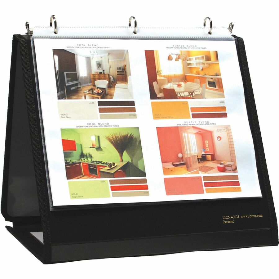 Lion Insta-Cover Round Ring Easel Binder - 1 1/2" Binder Capacity - Letter - 8 1/2" x 11" Sheet Size - 3 Ring - Fastener: Round Ring - Pocket: 80 - Horizontal Orientation - Black - Recycled - Label Holder, Reinforced Sewn Edge, Business Card Holder - 1...
