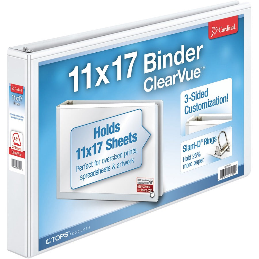 Cardinal&reg, ClearVue Overlay Tabloid D-Ring Binder - 1 1/2" Binder Capacity - Tabloid - 11" x 17" Sheet Size - 375 Sheet Capacity - 1 45/64" Spine Width - 3 Ring - Fastener: D-Ring - Vinyl - White - 2.50 lb - Recycled - Clear Overlay, Non Locking Mec...