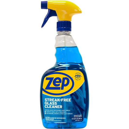 Zep Streak-Free Glass Cleaner - For Glass - 32 fl oz (1 quart) - Recommended For: Fingerprint Remover, Grease Remover, Lipstick Remover, Soil Remover - Quick Drying, Disinfectant, Heavy Duty - Blue - 1 Each