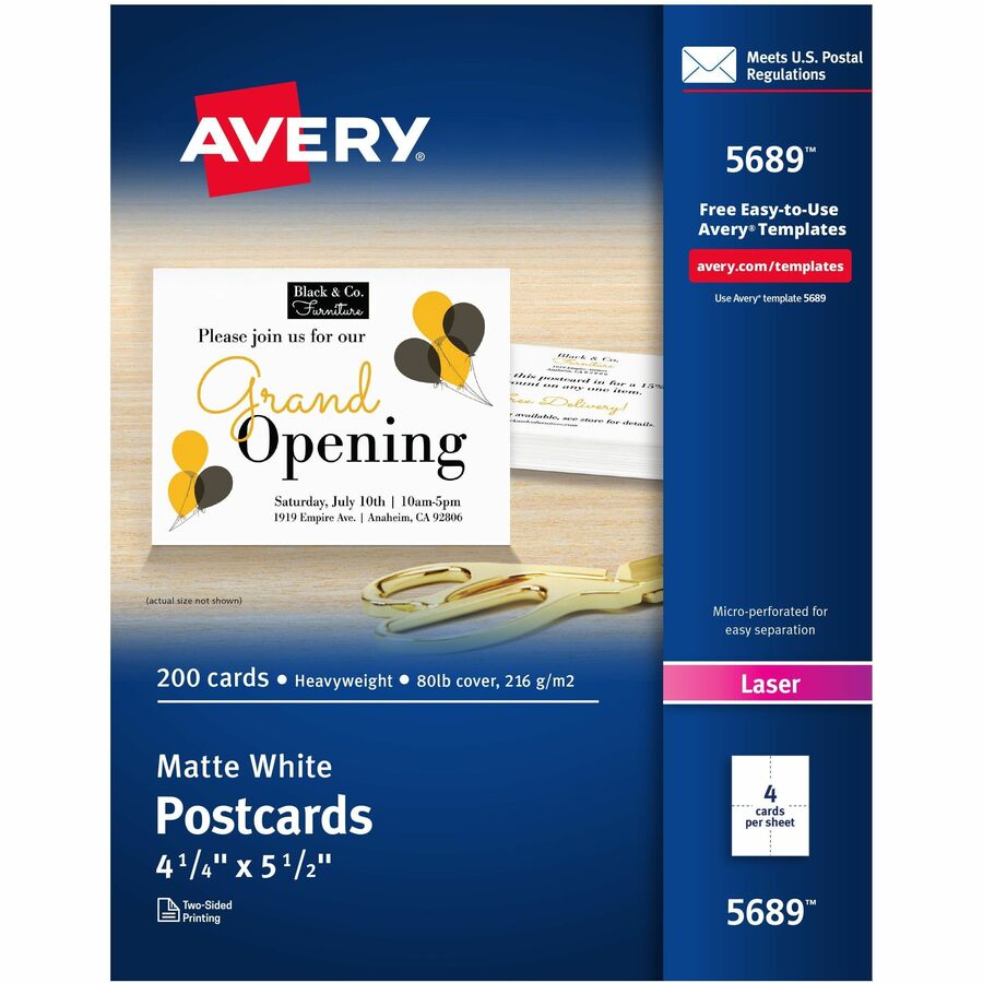 Avery&reg, Printable Postcards, 4.25" x 5.5" , White (5689) - 97 Brightness - 5 1/2" x 4 1/4" - 80 lb Basis Weight - 216 g/m², Grammage - Matte - Perforated, Heavyweight, Rounded Corner, Jam-free, Smudge-free, Double-sided, Uncoated, Recyclable, Pr...