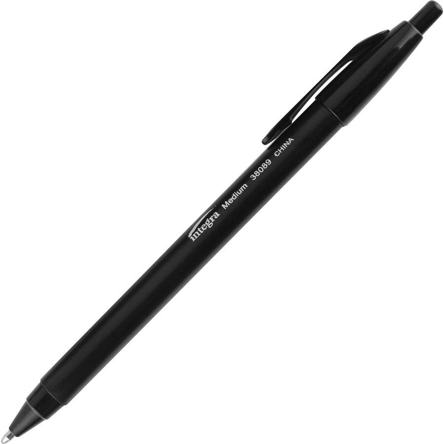 Integra Triangular Barrel Retractable Ballpnt Pens - Retractable - Black Ink - Black Plastic Barrel - 12 / Dozen