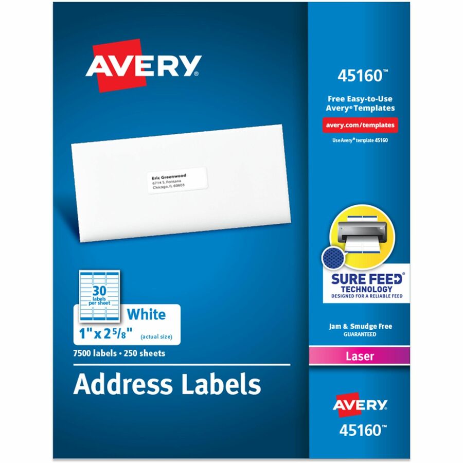 Avery&reg, Address Labels - Sure Feed Technology - 1" Width x 2 5/8" Length - Permanent Adhesive - Rectangle - Laser - Matte White - Matte - Paper - 30 / Sheet - 30 Total Sheets - 7500 Total Label(s) - 250 / Box