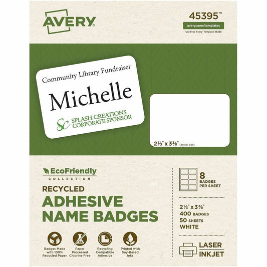 Avery, Eco-friendly Premium Name Badge Labels - 2 21/64" Width x 3 3/8" Length - Removable Adhesive - Rectangle - Inkjet, Laser - Matte White - Matte - Paper - 8 / Sheet - 8 Total Sheets - 400 Total Label(s) - 1 Box