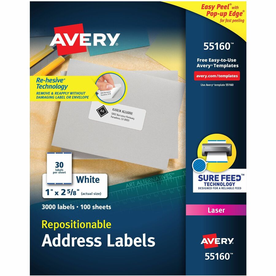 Avery&reg, Address Labels - 1" Width x 2 5/8" Length - Removable Adhesive - Rectangle - Laser - Matte White - Matte - Paper - 30 / Sheet - 30 Total Sheets - 3000 Total Label(s) - 1 Box