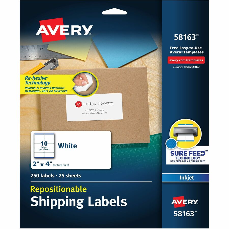 Avery&reg, Repositionable Labels, Sure Feed, 2" x 4" , 250 Labels (58163) - 2" Width x 4" Length - Removable Adhesive - Rectangle - Inkjet - Matte White - Matte - Paper - 10 / Sheet - 10 Total Sheets - 250 Total Label(s) - 1 Pack