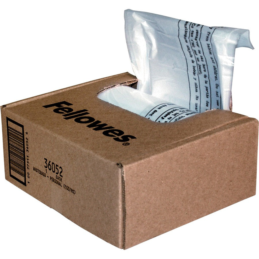 Fellowes Office Shredder Waste Bags - 7 gal - 26" Height x 24" Width x 9" Depth - Plastic - Clear - 100 / Carton
