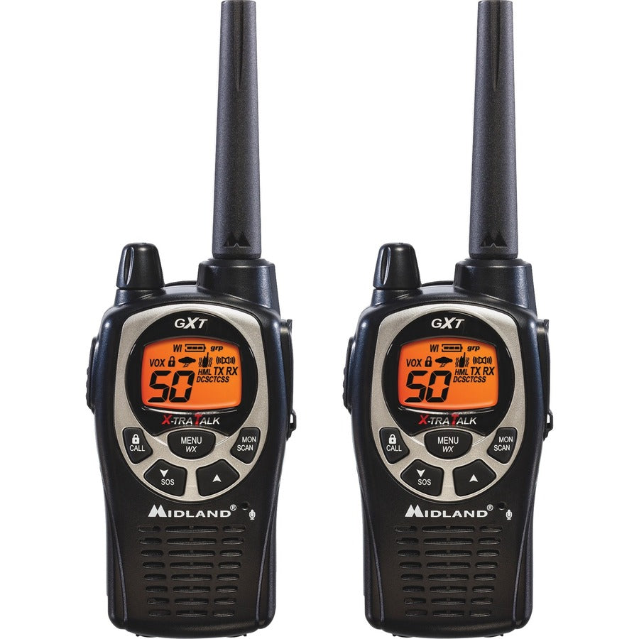 Midland GXT1000VP4 Two-Way Pair - 50 Radio Channels - 22 GMRS - Upto 158400 ft - Auto Squelch, Hands-free, Keypad Lock, Silent Operation - Alkaline - Black, Silver - 1 Each
